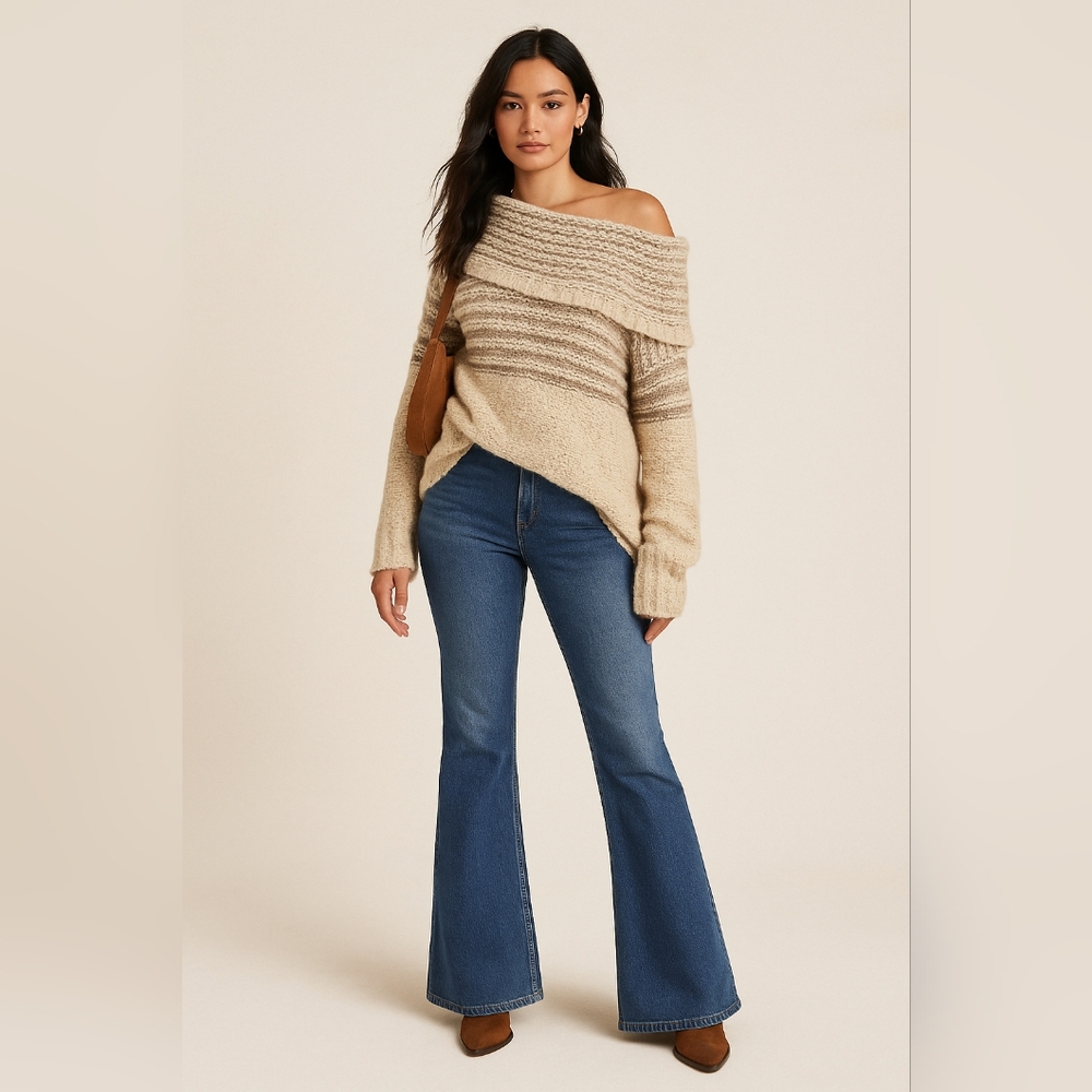 Free People Engineer Stripe Cowl Neck Sweater in Cream/Beige Size Medium